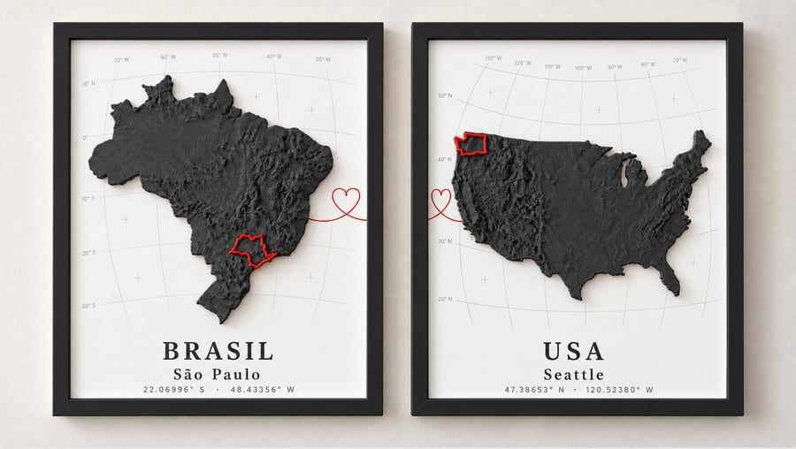 Two framed black relief maps of Brazil and the USA, with São Paulo and Seattle outlined in red and joined by a red heart line.