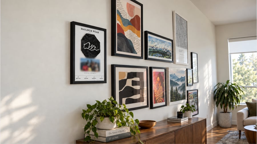 Framed Mailbox Peak trail relief, a black printed terrain octagon with a raised ivory route, hanging in a sunlit gallery wall above a walnut sideboard.