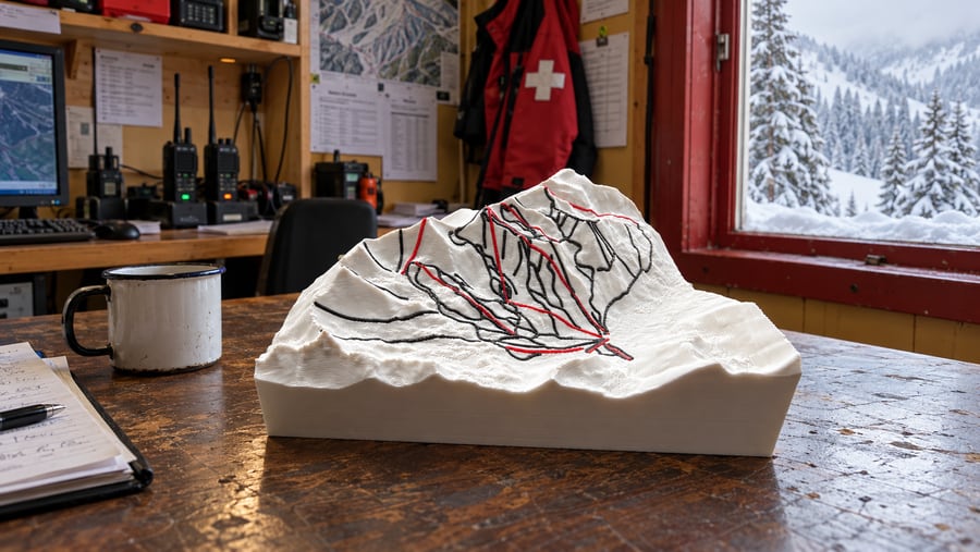 Illustrative scene of a white Crystal Mountain ski relief traced with black runs and red lift lines on a worn wooden desk in a ski-patrol hut, with radios behind and a snowy window to the right.